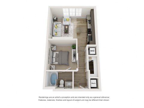 Floor plan for 1 bed, 1 bath, 558 sqft